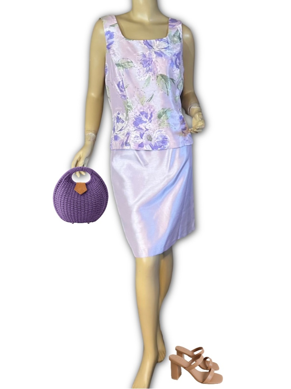 VINTAGE Y2K DRESS BARN PURPLE FLORAL PRINT SATIN SHEEN SKIRT SET (10)